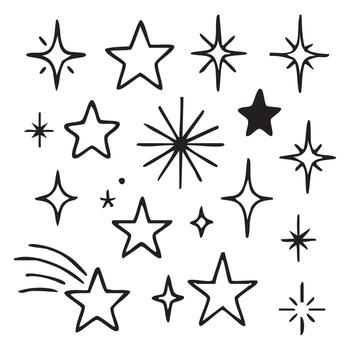 un caprichoso colección de mano dibujado estrellas un formación de formas y estilos en un juguetón composición vector