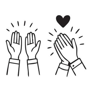 Expressive Hand Drawn Illustration of Hands Clapping and Open Palms with Heart Symbolizing Appreciation and Support vector