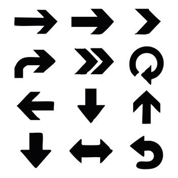 Collection of Directional Arrows Hand Drawn in Various Styles, Representing Navigation, Movement, and Guidance with a Rough, Artistic Touch vector