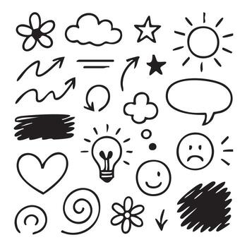 Assorted Hand Drawn Doodle Elements Collection Black and White Illustrations of Various Objects and Symbols for Creative Designs and Projects vector