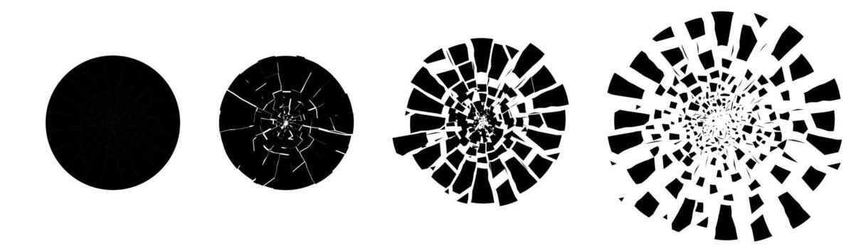 Cracked glass circle texture with sharp shattered fragments. Abstract burst effect in white and black for impact or explosion themes. Modern design perfect for logo, poster or vfx concept. vector
