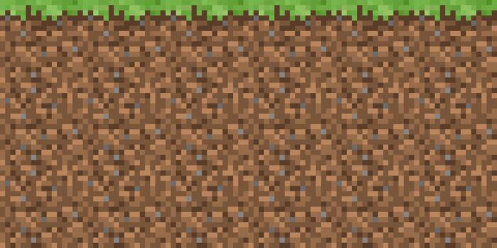 Pixel grass ground horizontal banner. Green and brown seamless block pattern in 8bit style. Fun gamer backdrop for wallpaper or birthday design. Abstract retro illustration. vector