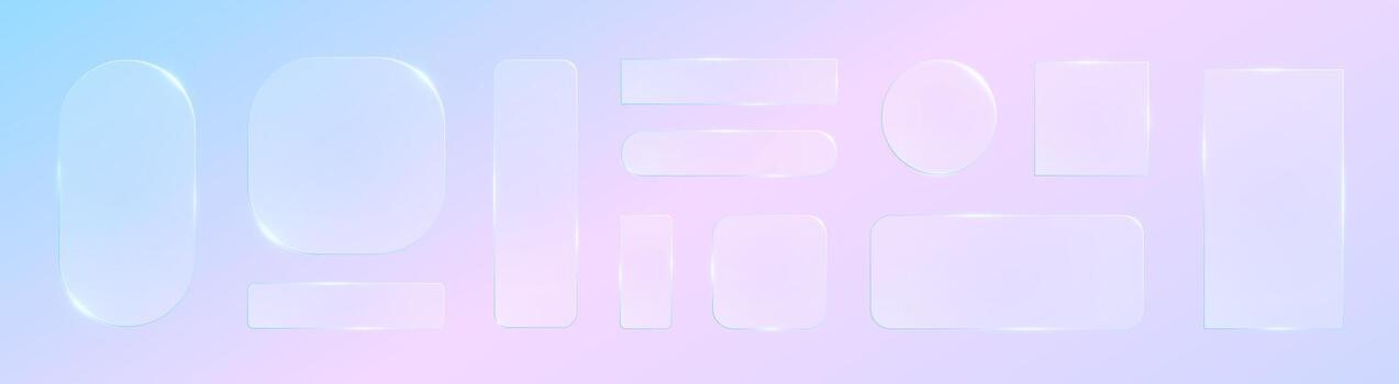 Transparent glassmorphism UI set with glossy 3D buttons and panels. Modern digital glass morphism frame set on background for app or web design. Minimal gradient blur and soft shadow effect. vector
