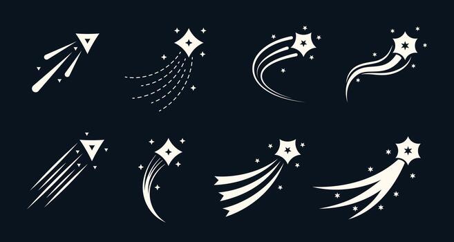 Comet and falling star silhouettes with glowing trails. Retro Y2K collection of flying meteors and abstract shapes. Dynamic cosmic design with magical motion. vector