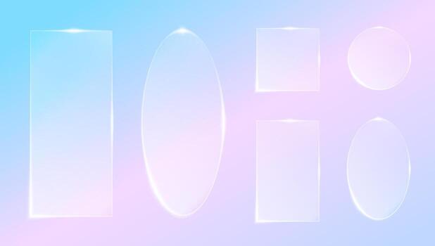 Glossy glassmorphism interface with frosted 3D buttons and panels. Transparent geometric UI glass morphism frame set for app, game or web design. Modern digital blur and light reflection effect vector