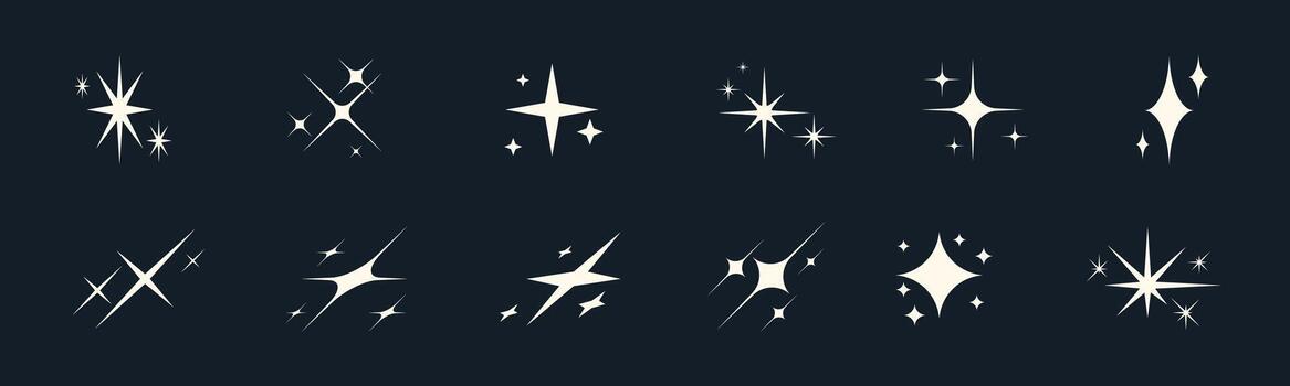 Retro starburst icons with shiny spark and glitter effect. Abstract Y2K set for festive design or logo. Minimal geometric shapes glowing with bright starlight. vector