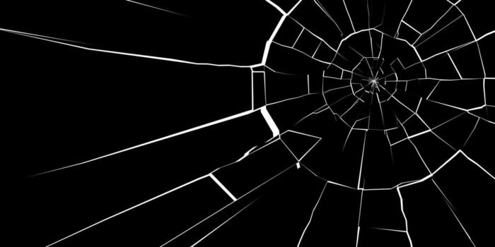 Fractured glass rectangle design with visible bullet hole and glowing cracks. Realistic digital background for broken screen or cinematic destruction themes. vector