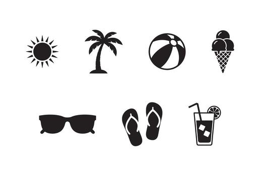 Black Summer Travel Icon Set Collection Beach Vacation Elements editable stroke vector