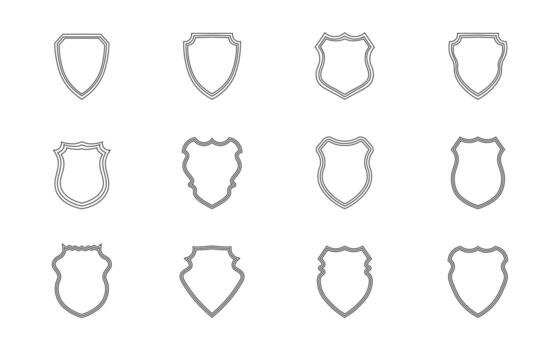 Set of blank shield three outline icons. Collection of simple heraldic badge shapes, black linear emblems of arms templates for logo, label, or security symbol design. Editable Stroke vector