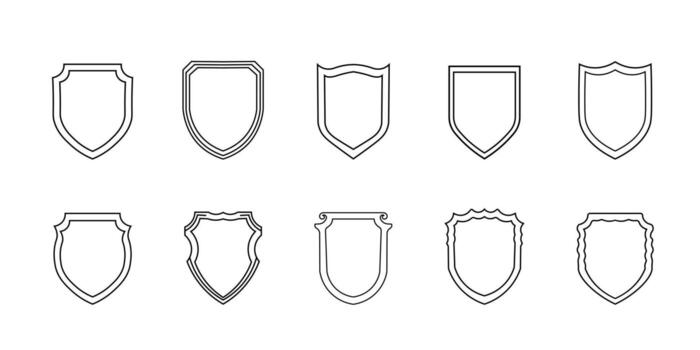 Set of blank shield outline icons. Collection of heraldic badge shapes, black linear emblems, frames or coat of arms templates for logo, label, or security symbol design. Editable Stroke vector