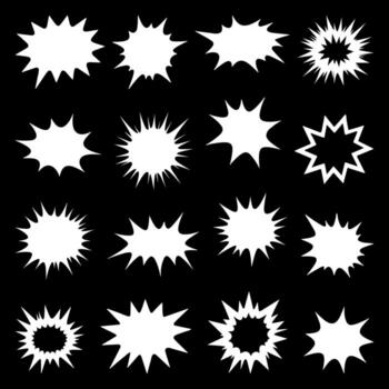 Collection of comic explosion starburst shapes, pop art elements for retro design, dynamic expression, and sale banners. vector