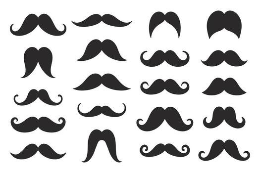 Set of flat simple mustache silhouettes in various shapes. Minimal collection for barbershop, men style and retro design. vector