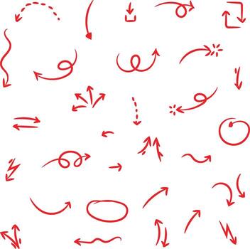 Collection of Hand Drawn Red Arrow Symbols and Graphics. Collection of hand drawn red arrows in various shapes and directions on a white background. vector