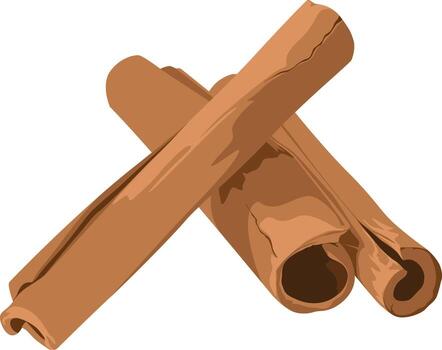 Three cinnamon sticks are arranged in a criss-cross pattern, showcasing their rolled texture and warm brown color against a white background. vector