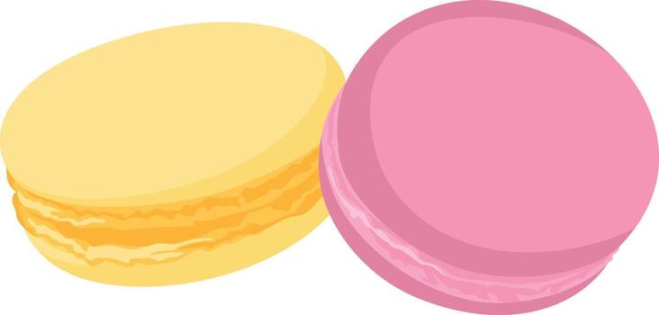 Two colorful macarons, one yellow and one pink, are displayed side-by-side against a white background. vector