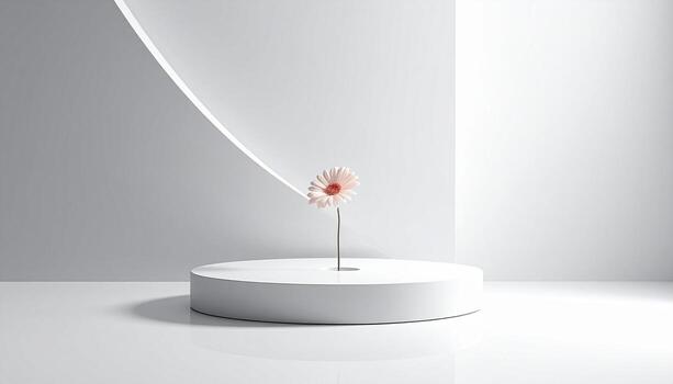 Minimalist Daisy on White Podium Clean Modern Still Life with Soft Light and Geometric Shapes. photo