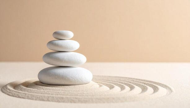 Serene Stone Stack Zen Garden Harmony with Circular Sand Patterns. photo