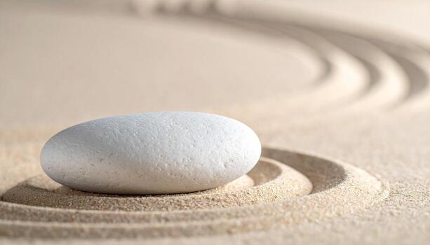 Serene Zen Garden Smooth Stone on Sand with Raked Circular Patterns. photo