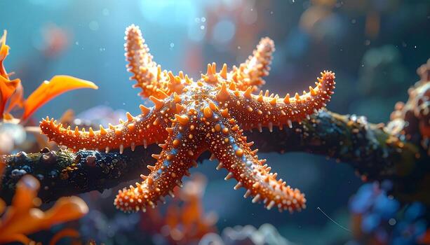 Vibrant Orange Starfish on Branch Underwater Scene Detailed Texture Bokeh Effect. photo