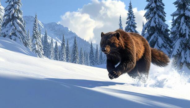 Wolverines Winter Sprint Powerful Run Through Snowy Alpine Landscape. photo