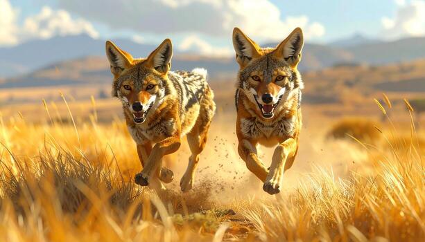 Two Coyotes Sprinting Through Golden Grassland Mountains in Background Dynamic Wildlife. photo
