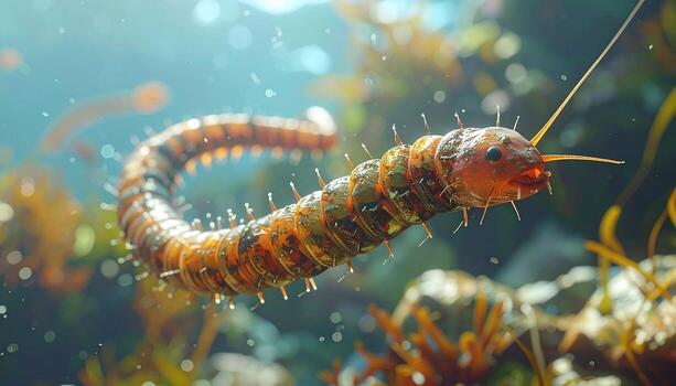 Underwater Centipede Detailed Macro View of Aquatic Creature in Natural Habitat. photo