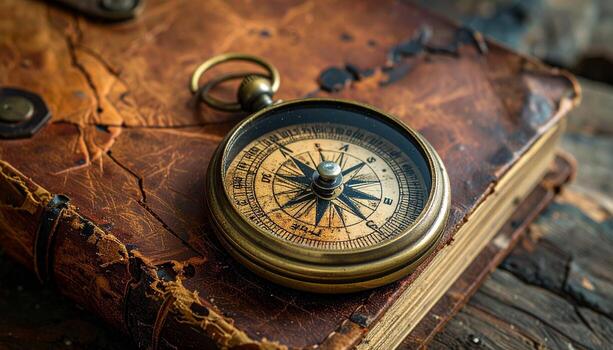 Antique Brass Compass Resting on a Weathered LeatherBound Book Nostalgic Still Life. photo