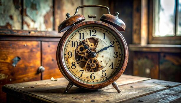 Antique Clockwork A Detailed Study of Times Passage on Rustic Wood. photo