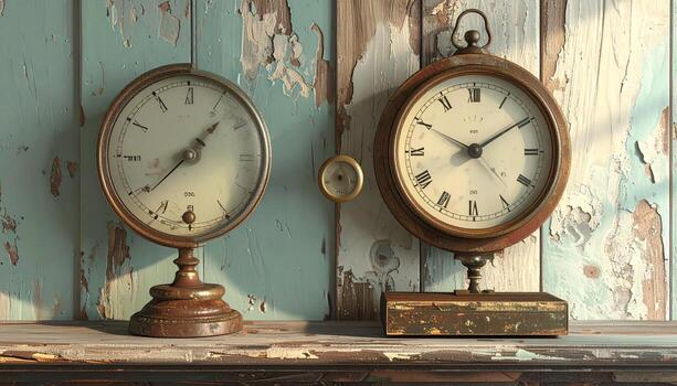 Antique Clocks on Weathered Shelf Timeworn Elegance with Peeling Paint Backdrop. photo