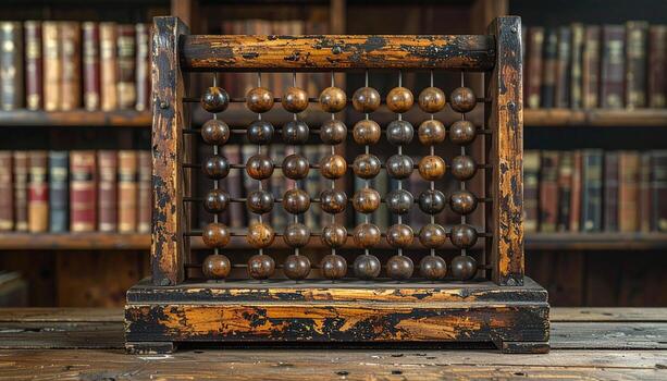 Antique Abacus on Wooden Table Library Background Vintage Calculation Tool. photo