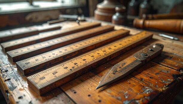 Antique Carpenters Tools Wooden Rulers and Compass on Rustic Workbench. photo