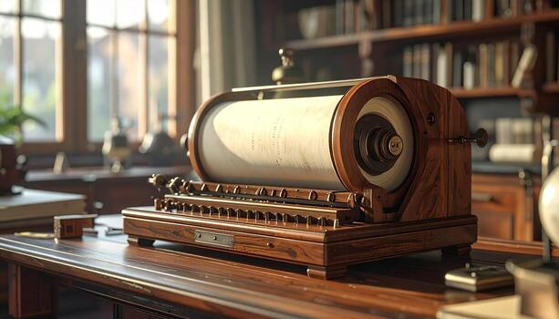 Antique Cipher Machine on Polished Wooden Desk with Bookshelf Backdrop. photo