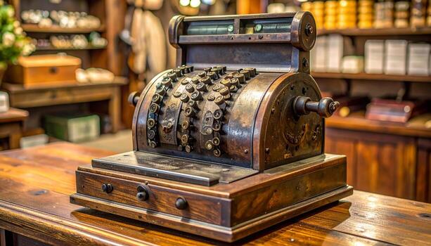 Antique Cash Register on Polished Wooden Counter Nostalgic Storefront Display. photo