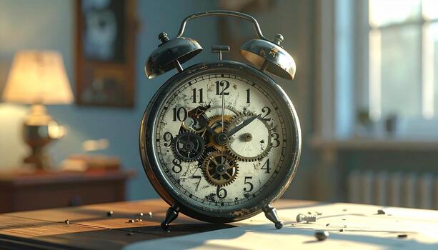 Antique Alarm Clock with Visible Gears on Wooden Table Soft Light. photo