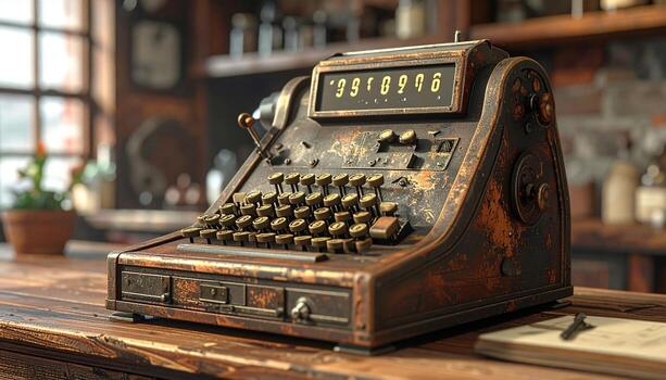 Antique Cash Register A Nostalgic Glimpse into Vintage Commerce with Rustic Charm. photo