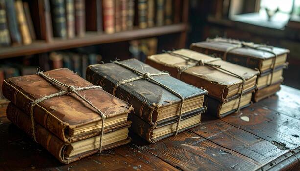 Antique Books Stacked on Wooden Table in Library Soft Natural Light. photo