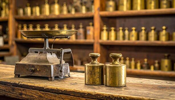 Antique Brass Scale and Weights on Rustic Wooden Counter Shelves in Background. photo