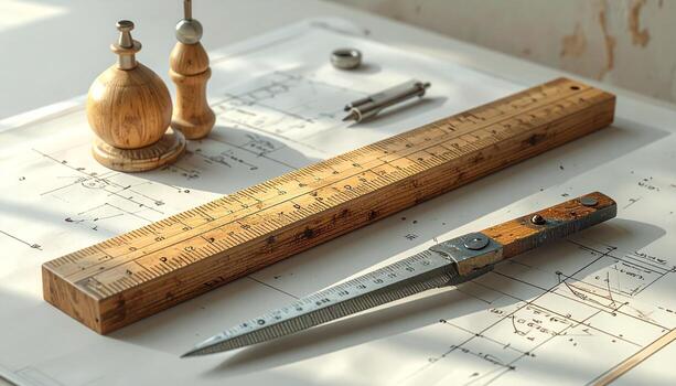 Architectural Tools Vintage Ruler Drafting Compass and Plans on Table. photo