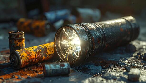 Broken Flashlight and Rusted Batteries PostApocalyptic Still Life with Intense Light. photo