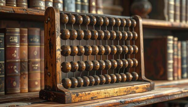 Antique Wooden Abacus on Bookshelf Warm Tones Academic Setting. photo