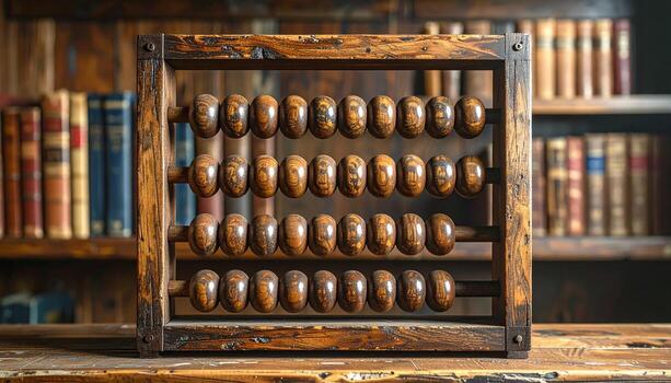 Antique Wooden Abacus with Bookshelf Backdrop Warm Tones Education Concept. photo