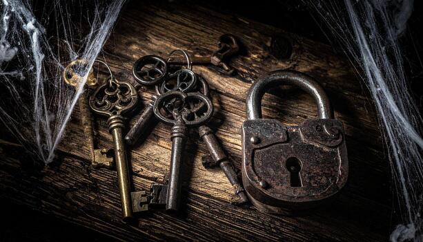 Antique Keys and Padlock on Weathered Wood with Cobwebs Dramatic Lighting. photo