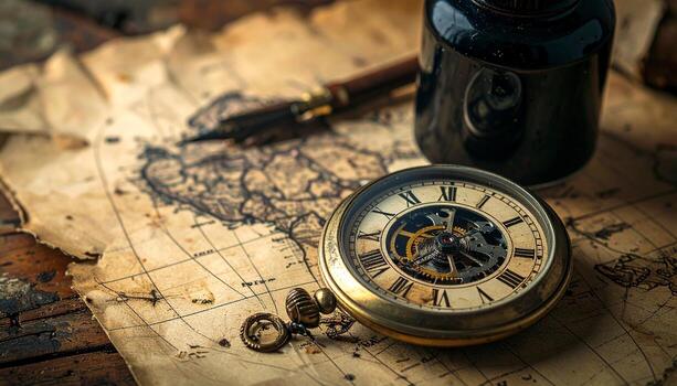 Antique Pocket Watch and Quill on Aged Map Time Exploration and Nostalgia. photo