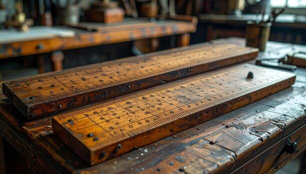 Antique Wooden Measuring Tools on Rustic Workbench in Workshop CloseUp. photo