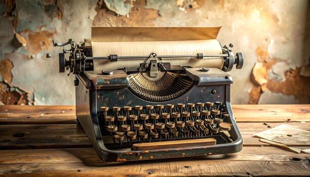 Antique Typewriter on Rustic Wooden Table with Peeling Wall Backdrop. photo