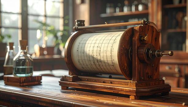 Antique Kymograph Device on Wooden Table in Laboratory Setting with Natural Light. photo