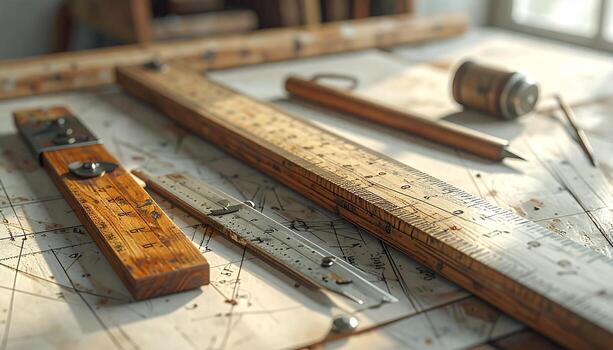 Antique Drafting Tools on Blueprint Vintage Engineering Precision in Warm Light. photo