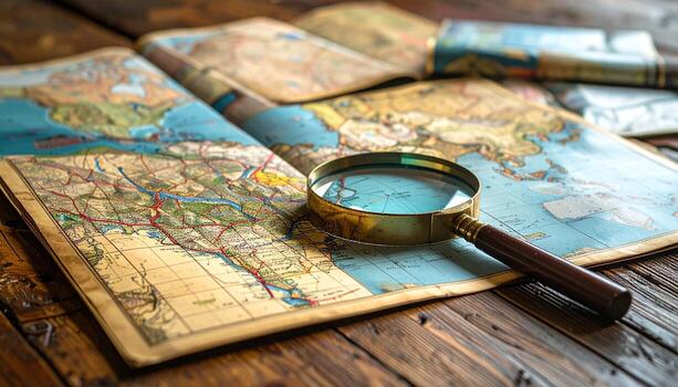Antique World Map with Magnifying Glass on Rustic Wooden Table Exploration Concept. photo