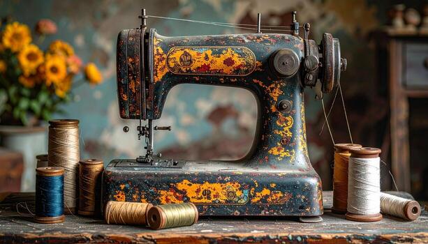 Antique Sewing Machine with Spools Rustic Charm and Floral Backdrop. photo