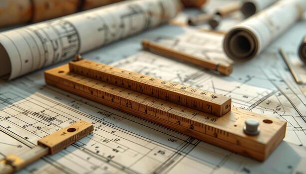 Architectural Blueprint with Wooden Folding Ruler and Rolled Plans Warm Light. photo